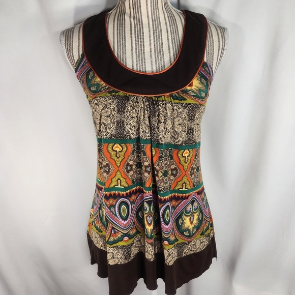 IZ Byer California Brown & Multicolored Piping Accent Sleeveless Top Size Small - Picture 1 of 9